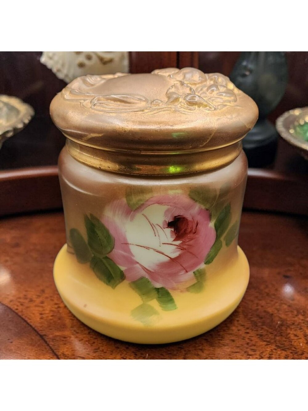 Hand Painted Milk Glass Humidor Embossed Gold-Tone Lid & Floral Design 6" Tall